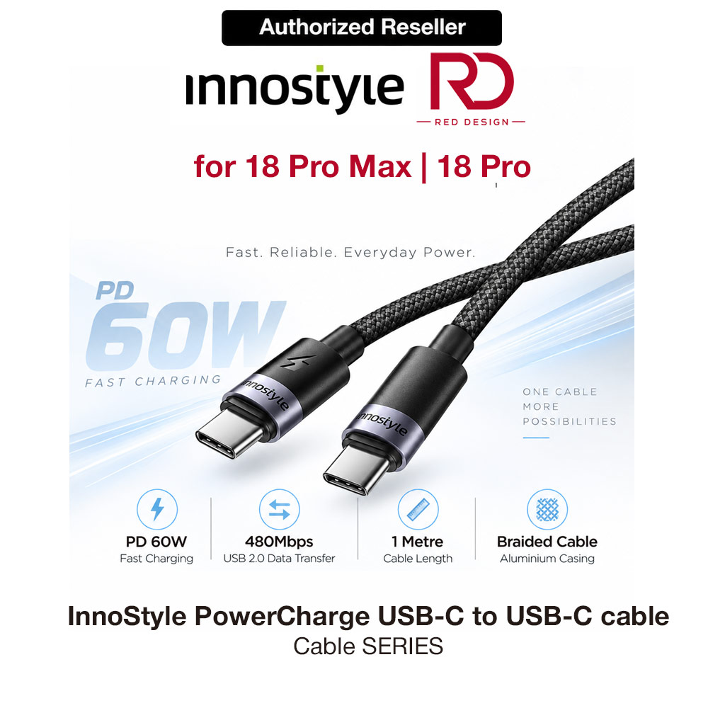 Picture of Innostyle PowerCharge 60W Fast Charging Data Cable USB-C to USB-C 100cm (Black) Apple iPhone 18- Apple iPhone 18 Cases, Apple iPhone 18 Covers, iPad Cases and a wide selection of Apple iPhone 18 Accessories in Malaysia, Sabah, Sarawak and Singapore 