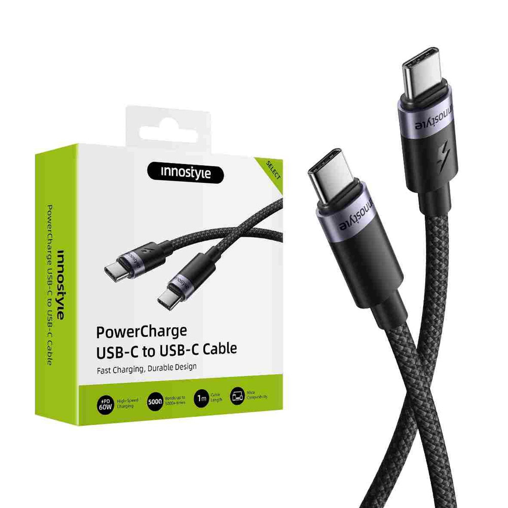 Picture of Apple iPhone 18 Pro Max Power Bank | Innostyle PowerCharge 60W Fast Charging Data Cable USB-C to USB-C 100cm (Black)