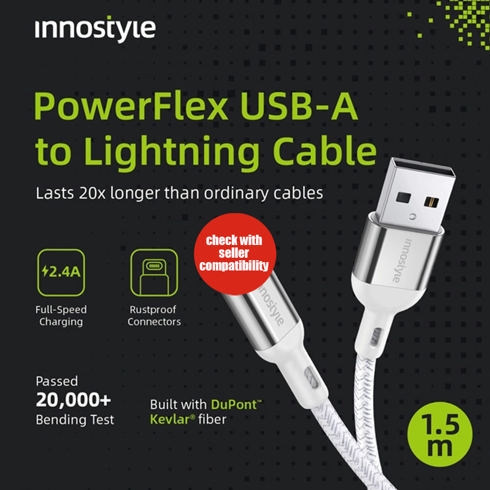 Picture of Innostyle MFI Certified PowerFlex 12W Fast Charging Data Cable USB-A to Lightning 150cm (Black)