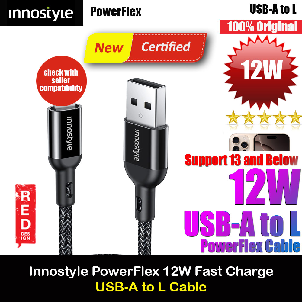 Picture of Innostyle MFI Certified PowerFlex 12W Fast Charging Data Cable USB-A to Lightning 150cm (Black) Red Design- Red Design Cases, Red Design Covers, iPad Cases and a wide selection of Red Design Accessories in Malaysia, Sabah, Sarawak and Singapore 