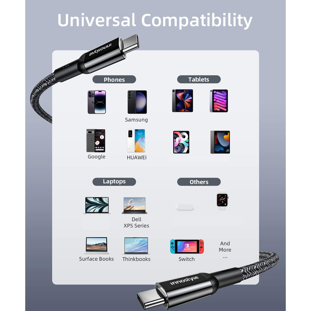 Picture of Innostyle PowerFlex Ultra 100W Fast Charging Data Cable 4K Video Support USB-C to USB-C 200cm (Silver)