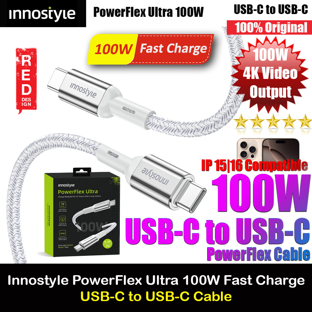 Picture of Innostyle PowerFlex Ultra 100W Fast Charging Data Cable 4K Video Support USB-C to USB-C 200cm (Silver) Red Design- Red Design Cases, Red Design Covers, iPad Cases and a wide selection of Red Design Accessories in Malaysia, Sabah, Sarawak and Singapore 