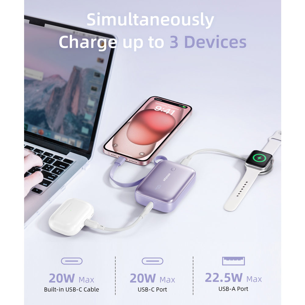Picture of Innostyle PowerGo Mini Plus 10000mAh with USB-C input output USB-A Output Fast Charge PowerBank with USB-C Build in Cable  (Blue)