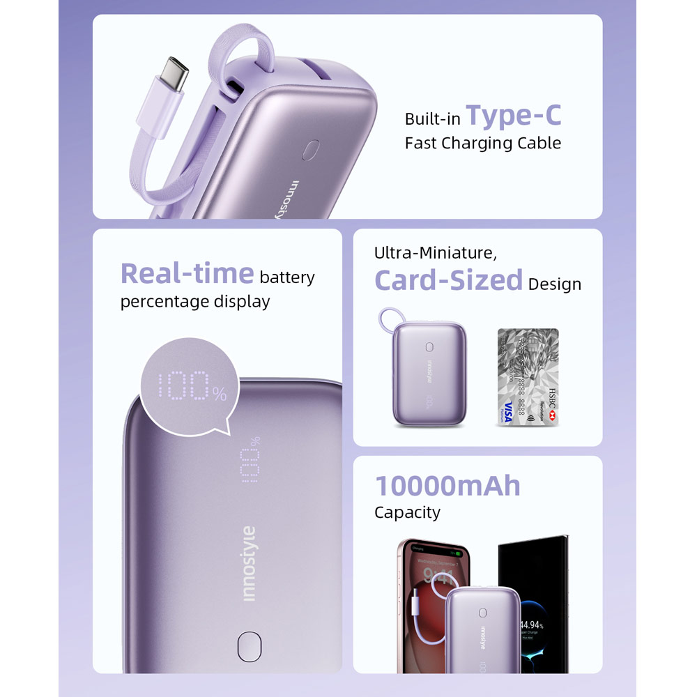 Picture of Innostyle PowerGo Mini Plus 10000mAh with USB-C input output USB-A Output Fast Charge PowerBank with USB-C Build in Cable  (Blue)
