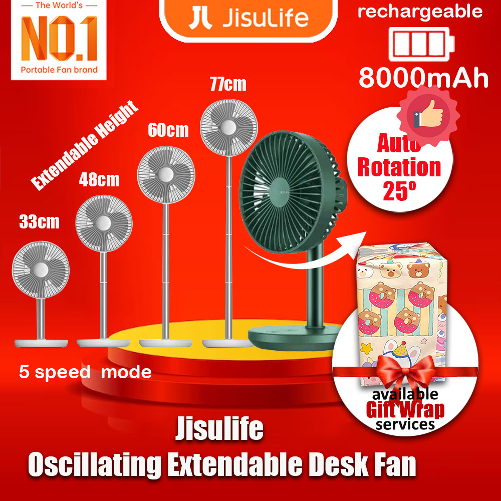 Picture of JISULIFE Oscillating Rotation Desk Fan Portable Timer Setting Extendable Desktop Fan 8000mAh USB-C Rechargeable Electric Table Fan for Office Room Travel Outdoor Indoor Picnic FA13P (White)