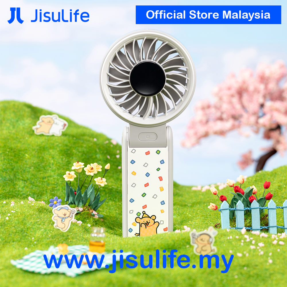 Picture of Jisulife Maltese Dog Series Malaysia 3 in 1 Handheld Fan Life7 Powerful Portable Fan with LED Display Foldable as Desk Fan Hangable as Neck Fan (5000mAh Pink)