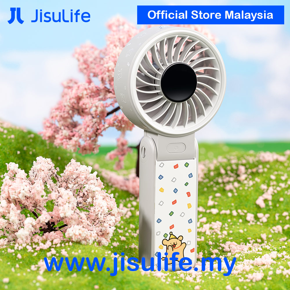 Picture of Jisulife Maltese Dog Series Malaysia 3 in 1 Handheld Fan Life7 Powerful Portable Fan with LED Display Foldable as Desk Fan Hangable as Neck Fan (5000mAh Pink)