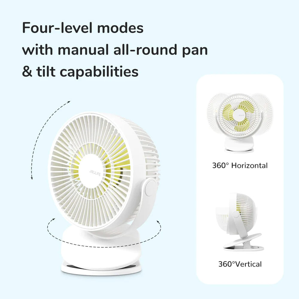 Picture of Jisulife Child Safe Low Noise Removeable Washable 360 Rotatable 4 Speed Mode Desktop Hang Clip Fan Rechargeable 4000mAh For Home Office Outdoor Travel Portable Children Baby Stroller FA18S (White)