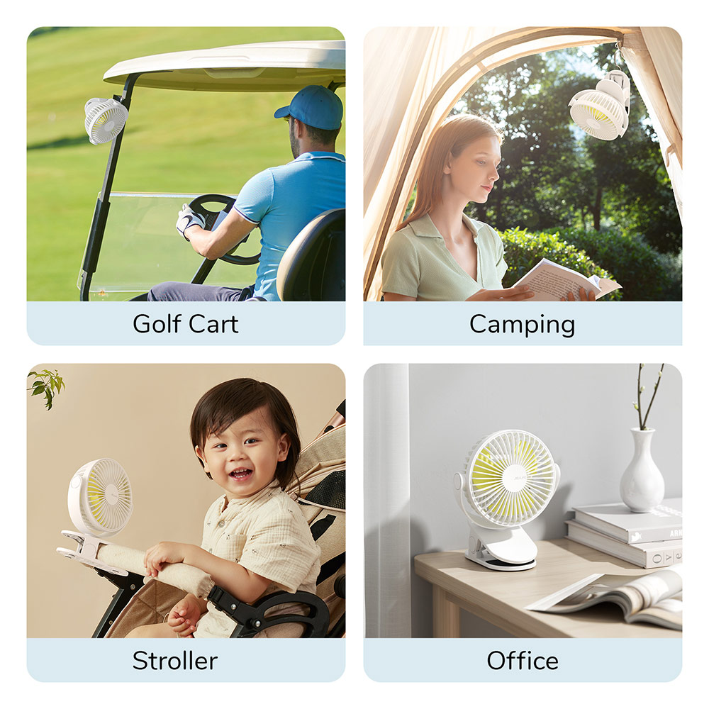 Picture of Jisulife Child Safe Low Noise Removeable Washable 360 Rotatable 4 Speed Mode Desktop Hang Clip Fan Rechargeable 4000mAh For Home Office Outdoor Travel Portable Children Baby Stroller FA29A (White)