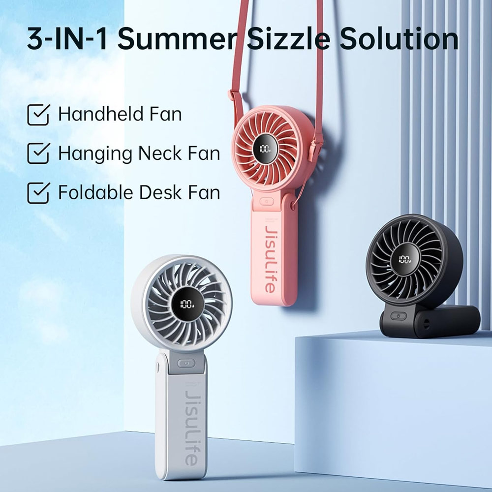 Picture of Jisulife 3 in 1 Handheld Fan Life7 Powerful Portable Fan with LED Display Foldable as Desk Fan Hangable as Neck Fan (3600mAh Black)