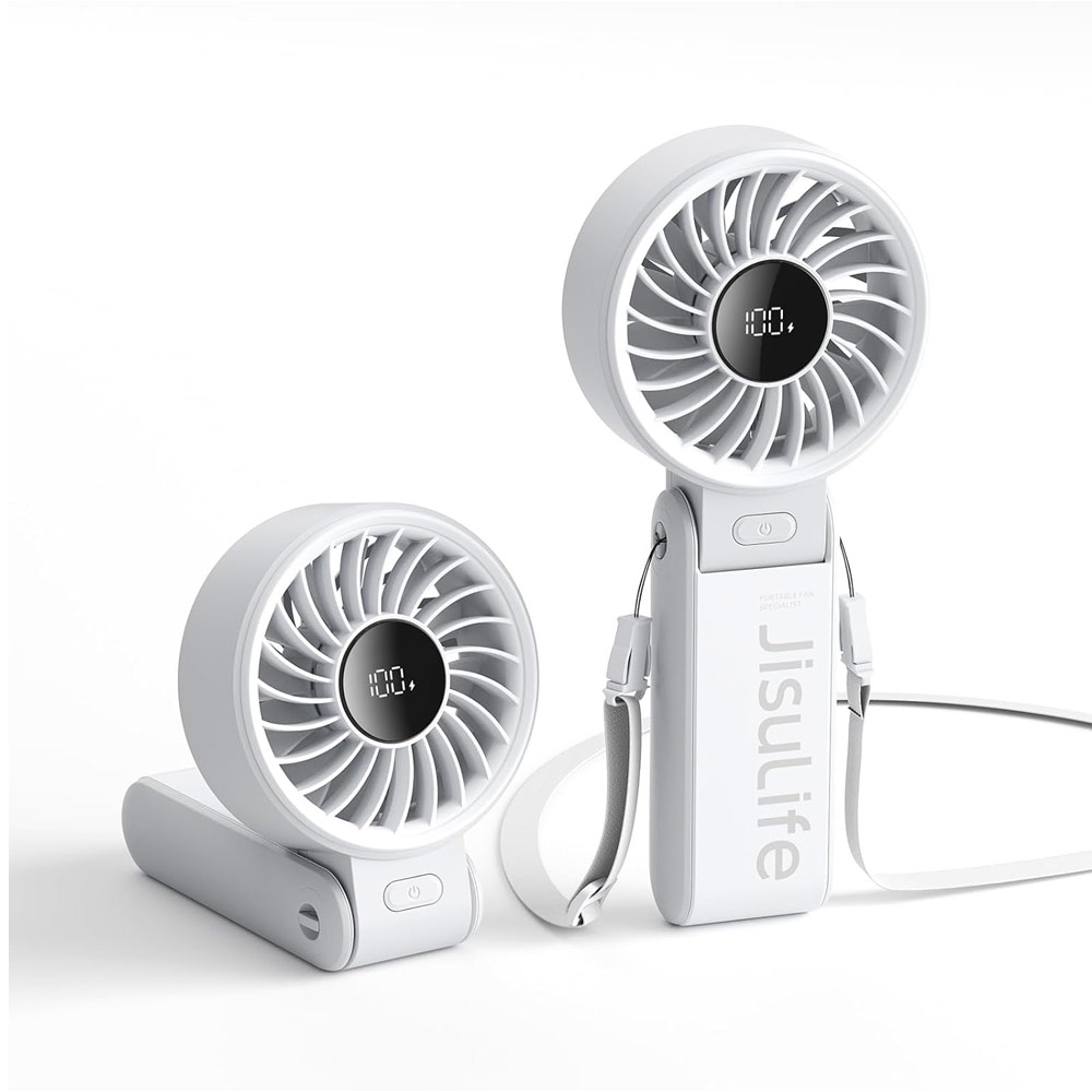 Picture of Jisulife 3 in 1 Handheld Fan Life7 Powerful Portable Fan with LED Display Foldable as Desk Fan Hangable as Neck Fan (3600mAh Light Grey)