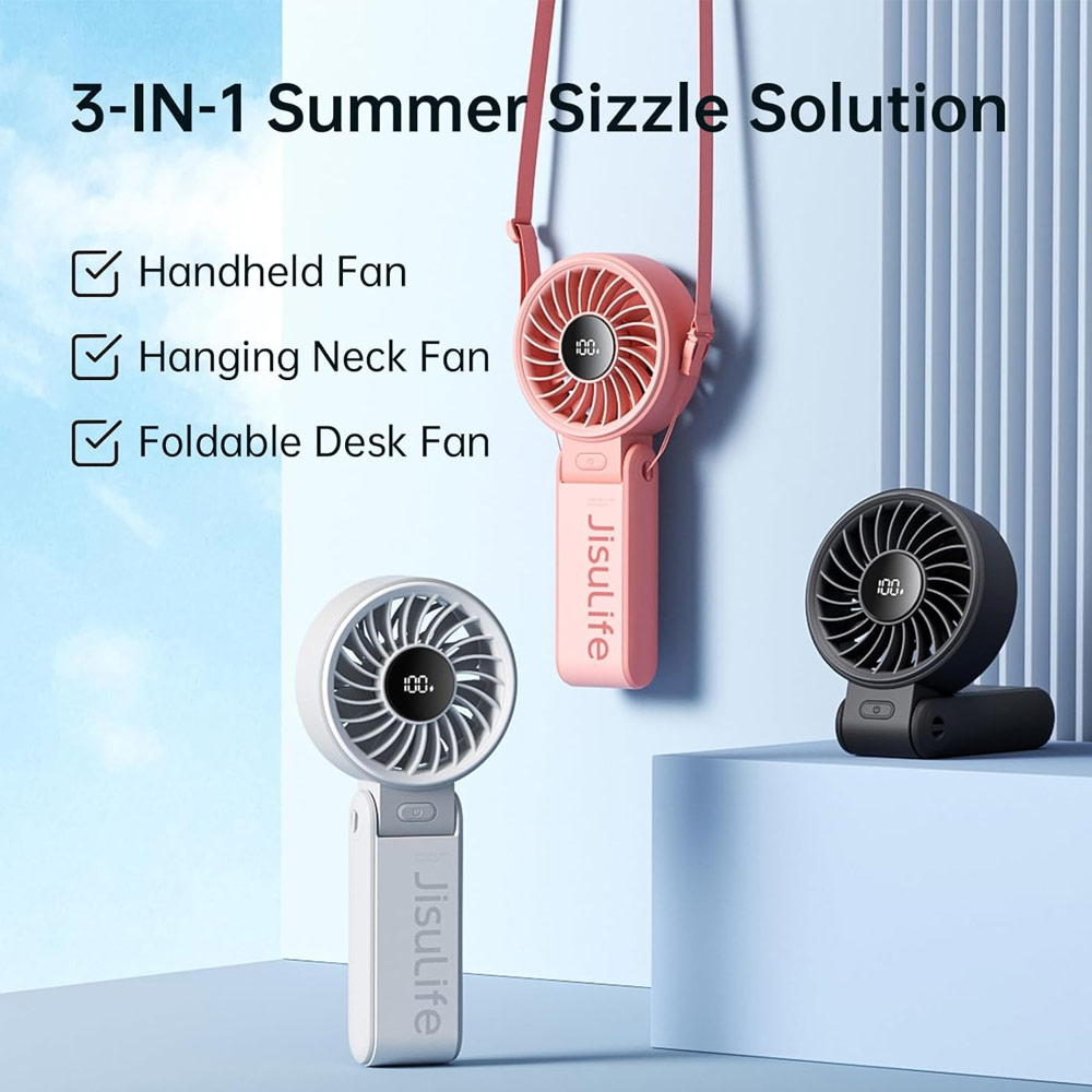 Picture of Jisulife 3 in 1 Handheld Fan Life7 Powerful Portable Fan with LED Display Foldable as Desk Fan Hangable as Neck Fan (3600mAh Light Grey)