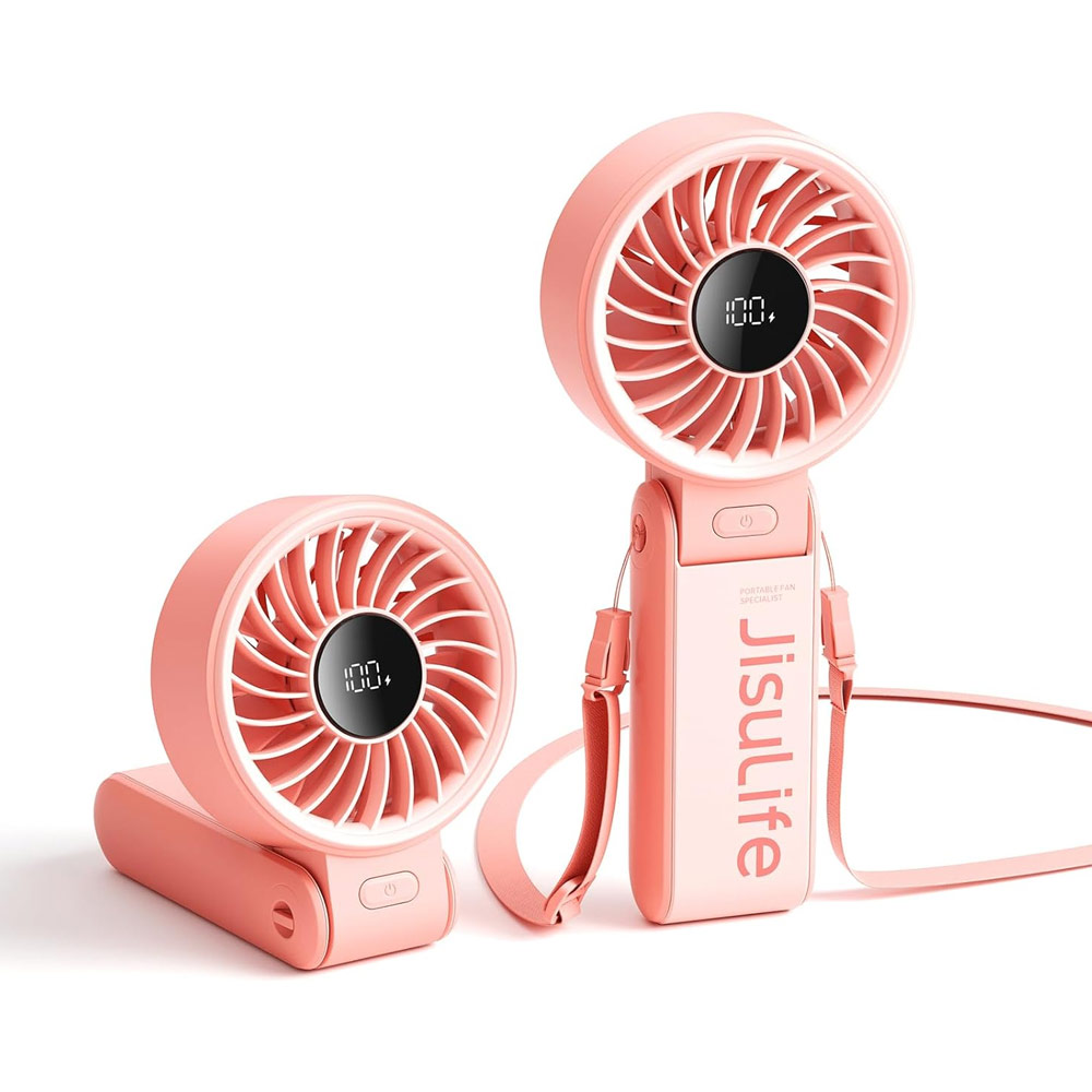 Picture of Jisulife 3 in 1 Handheld Fan Life7 Powerful Portable Fan with LED Display Foldable as Desk Fan Hangable as Neck Fan (3600mAh Pink)