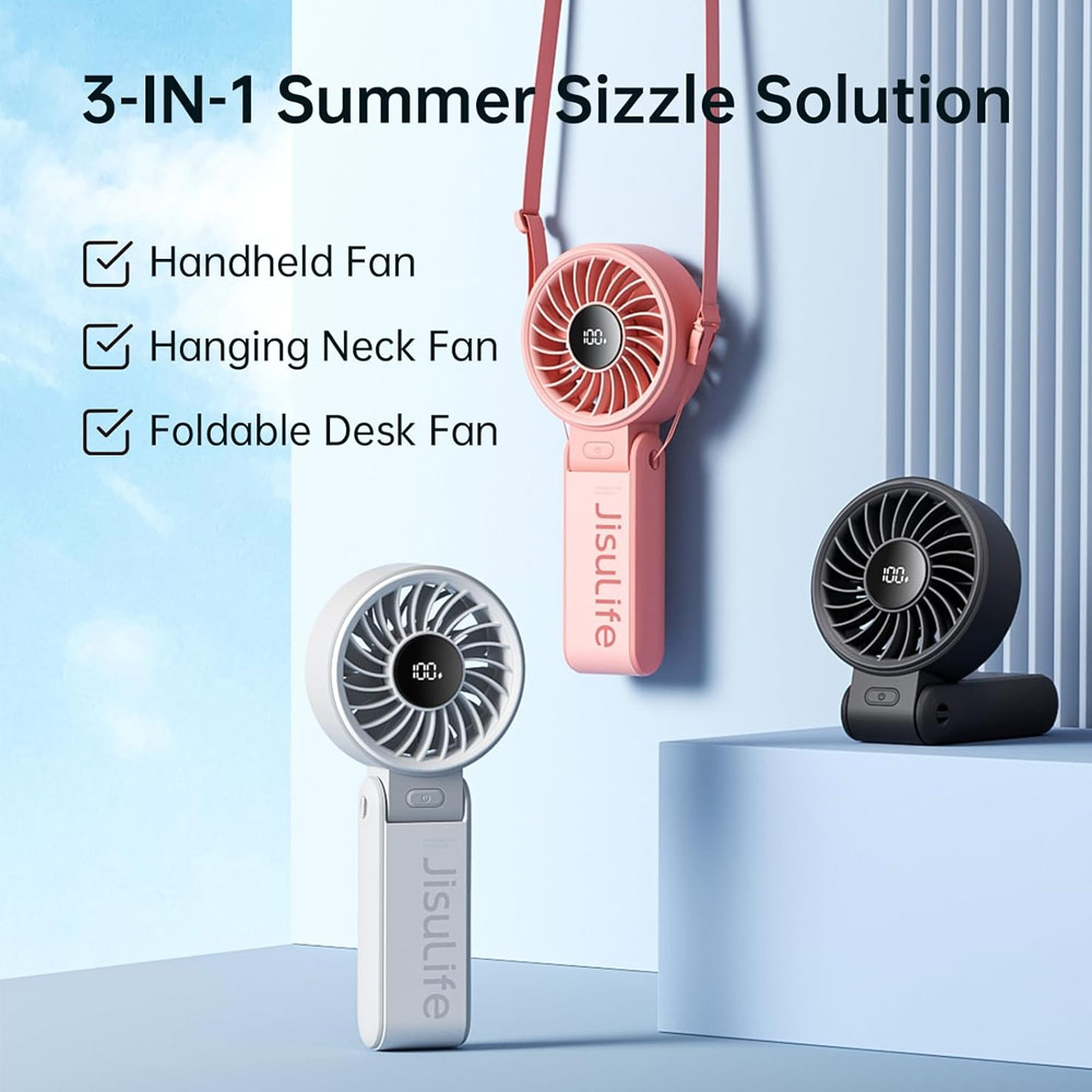 Picture of Jisulife 3 in 1 Handheld Fan Life7 Powerful Portable Fan with LED Display Foldable as Desk Fan Hangable as Neck Fan (3600mAh Pink)