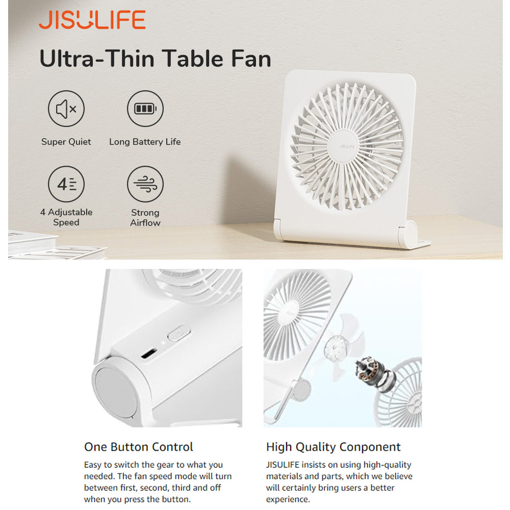 Picture of Jisulife Ultra Slim Table Fan Lite Strong Air Flow 4 Speed Wind Portable Rechargeable 4500mAh Desktop Fan For Home Office Outdoor Travel (White)