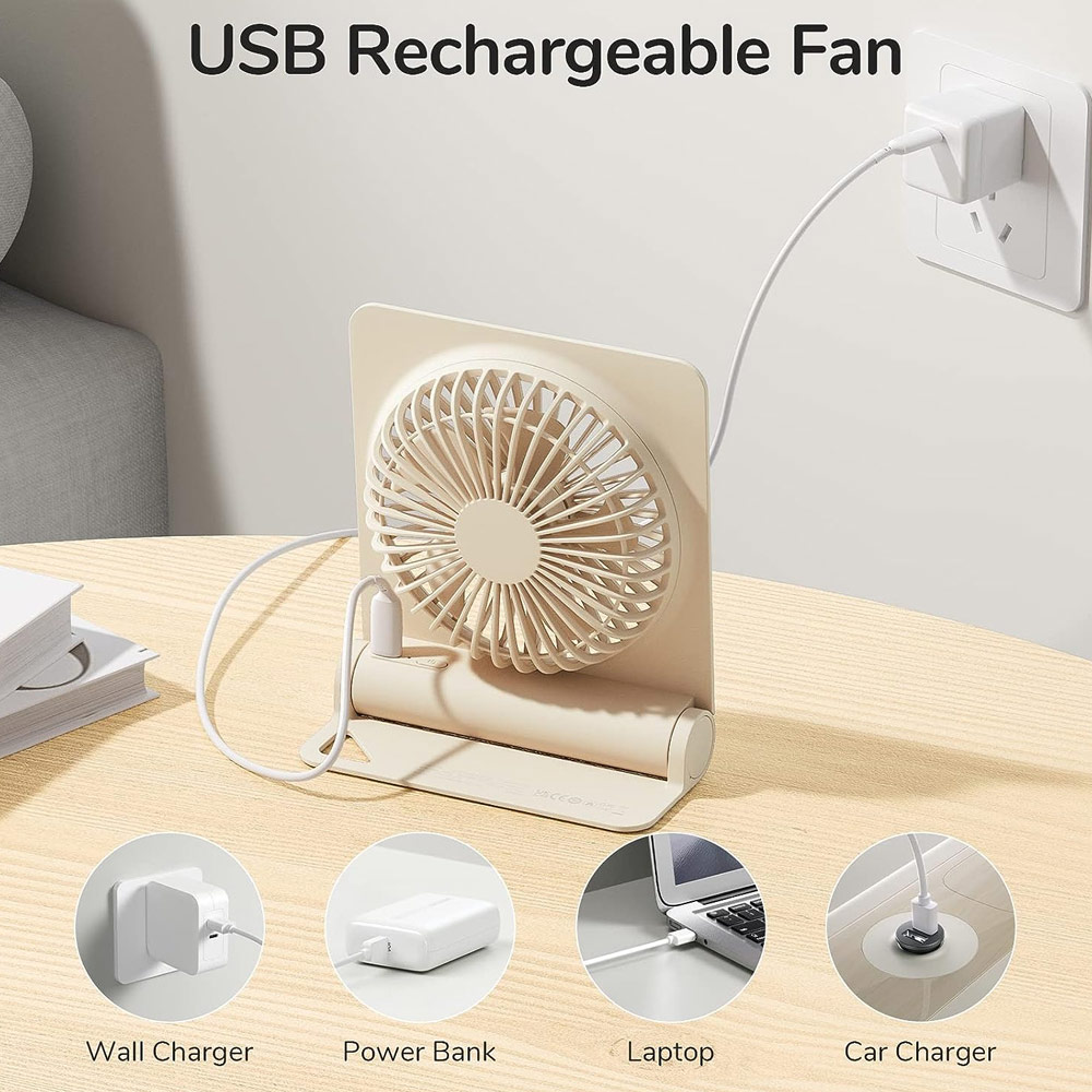 Picture of Jisulife Ultra Slim Table Fan Lite Strong Air Flow 4 Speed Wind Portable Rechargeable 4500mAh Desktop Fan For Home Office Outdoor Travel (Brown)