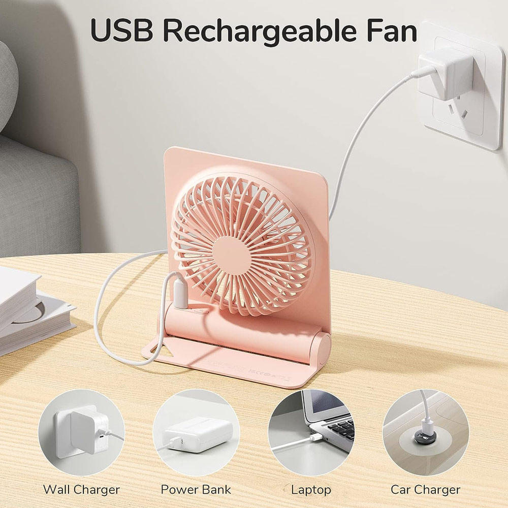 Picture of Jisulife Ultra Slim Table Fan Lite Strong Air Flow 4 Speed Wind Portable Rechargeable 4500mAh Desktop Fan For Home Office Outdoor Travel (Pink)