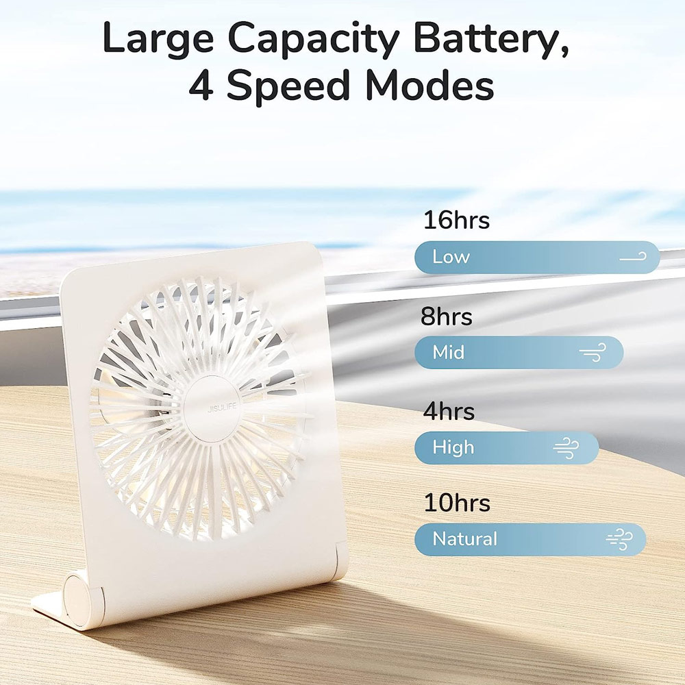 Picture of Jisulife Ultra Slim Table Fan Lite Strong Air Flow 4 Speed Wind Portable Rechargeable 4500mAh Desktop Fan For Home Office Outdoor Travel (White)