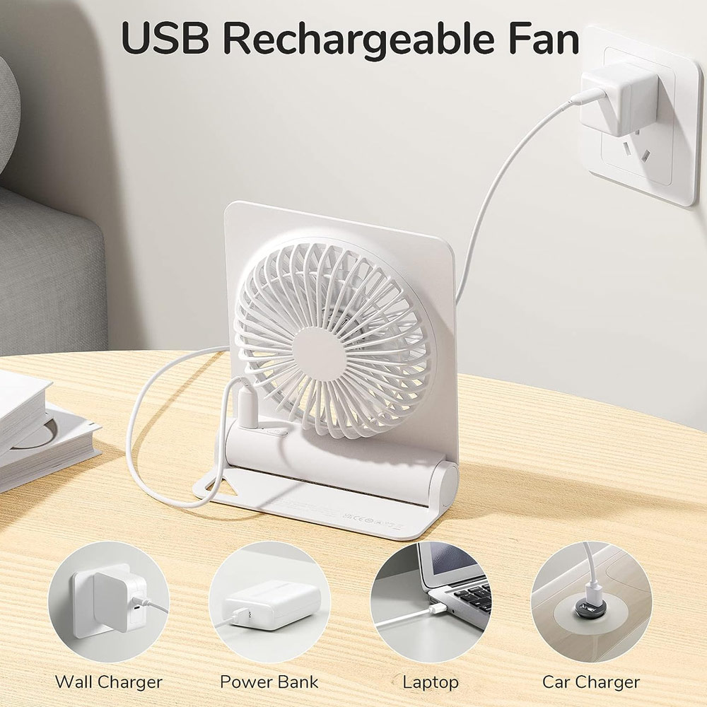 Picture of Jisulife Ultra Slim Table Fan Lite Strong Air Flow 4 Speed Wind Portable Rechargeable 4500mAh Desktop Fan For Home Office Outdoor Travel (White)