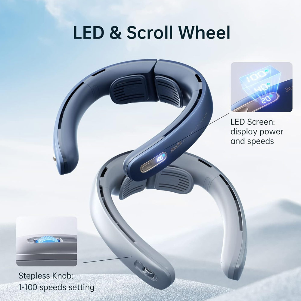 Picture of JISULIFE Malaysia Super Power High Speed Air Neck Cooler Portable Neck Fan Hands Free Bladeless Fan 5000mAh Battery Operated Wearable Personal Fan Leafless Rechargeable Headphone Design 100 Speed Neck Fan for Running Badminton Indoor Court Concert Picnic Camping Outdoor Activity FA45 (Navy Blue)