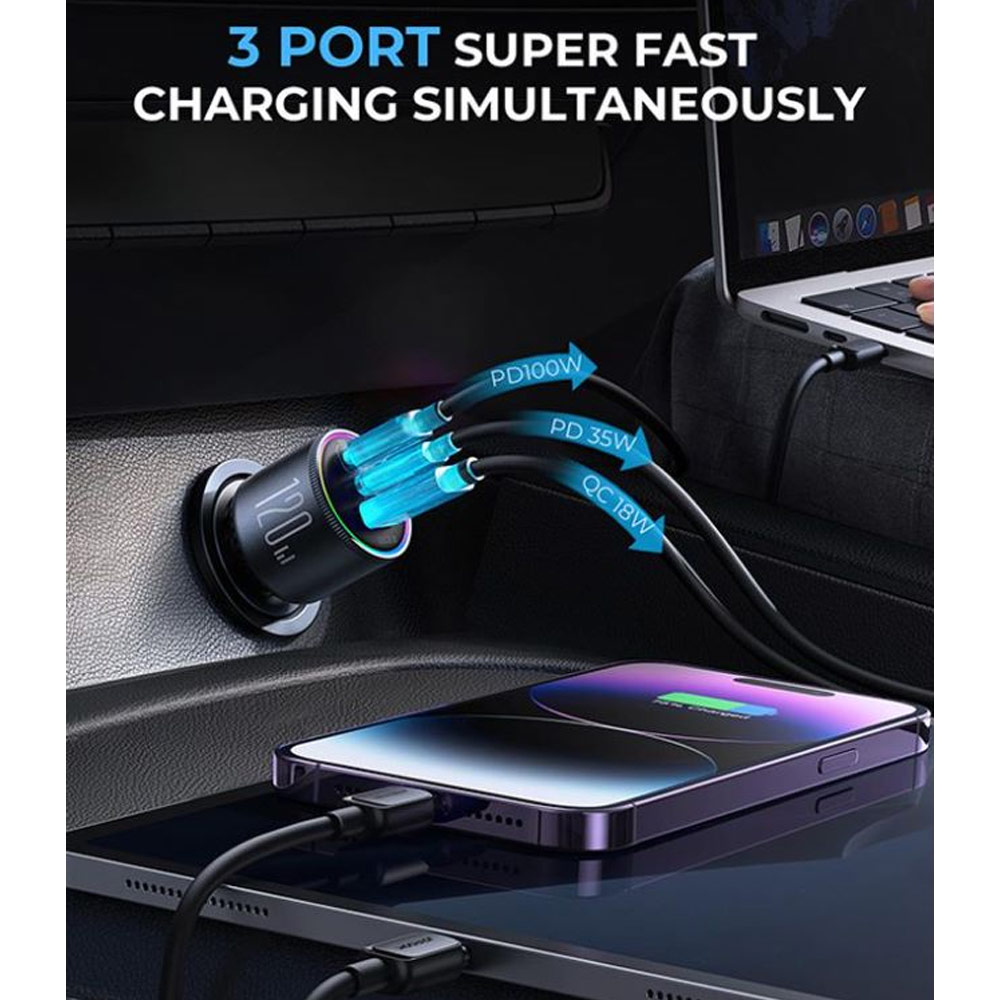 Picture of Joyroom 120W Super Fast High Speed 3 Port Car Charger PD PPS QC3.0 QC4.0 for iPhone 14 Pro Max S23 Ultra Z Fold 5 Flip 5 iPad Pro Macbook Air Pro Laptop with 100W USB-C Cable (Black)