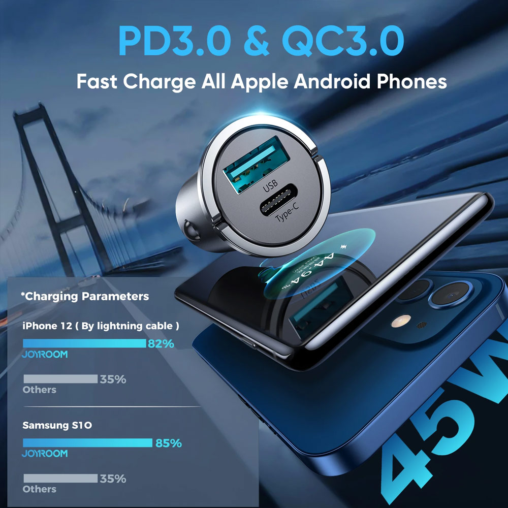 Picture of Joyroom 45W Mini Fast Speed High Speed Zinc Alloy Car Charger PD Delivery FCP AFC QC3.0 for iPhone 12 Pro Max iPhone 12 Mini iPhone 11 Pro Max Galaxy S21 Ultra Note 20 Ultra Huawei Mate 40 Pro P40 Pro (Tarnish)