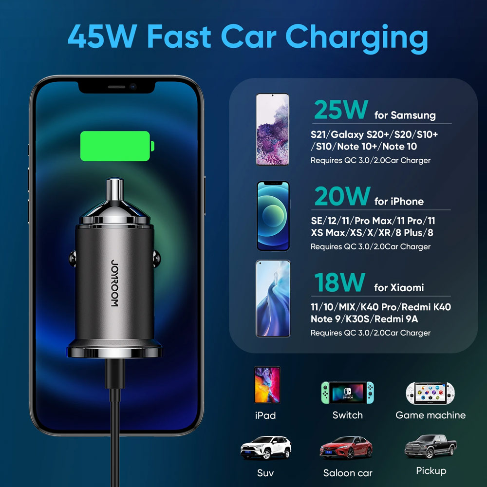 Picture of Joyroom 45W Mini Fast Speed High Speed Zinc Alloy Car Charger PD Delivery FCP AFC QC3.0 for iPhone 12 Pro Max iPhone 12 Mini iPhone 11 Pro Max Galaxy S21 Ultra Note 20 Ultra Huawei Mate 40 Pro P40 Pro (Tarnish)