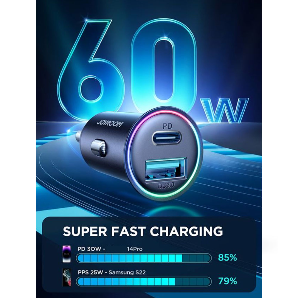 Picture of Joyroom 60W Mini Fast Speed High Speed Strong Metal Car Charger PD PPS QC3.0 for iPhone 14 Pro Max S23 Ultra Z Fold 5 Flip 5 iPad Pro (Black)