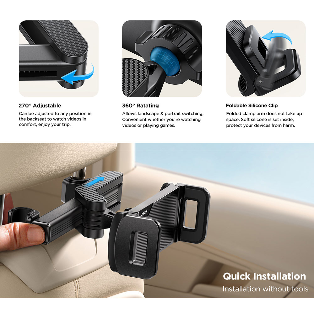 Picture of Joyroom BackSeat HeadRest Rear Seat Rotatable Expandable Extend Adjusttable Solid Stable Car Mount Holder for Smartphone Tablets 4.7" - 12.9"  (Black)