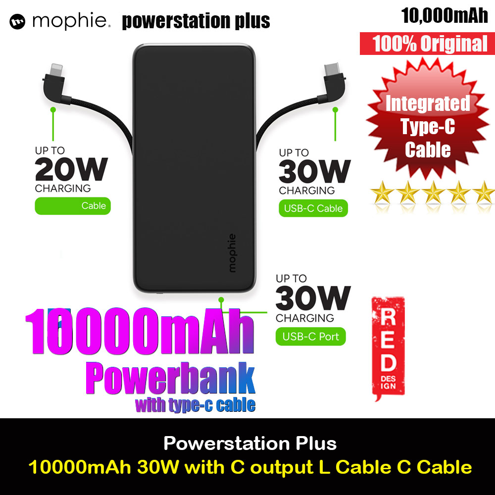 Picture of Mophie Powerstation Plus 10000mah 30W Max Fast Charge with USB C Output Built in Type C Cable L Cable  (Black) Red Design- Red Design Cases, Red Design Covers, iPad Cases and a wide selection of Red Design Accessories in Malaysia, Sabah, Sarawak and Singapore 