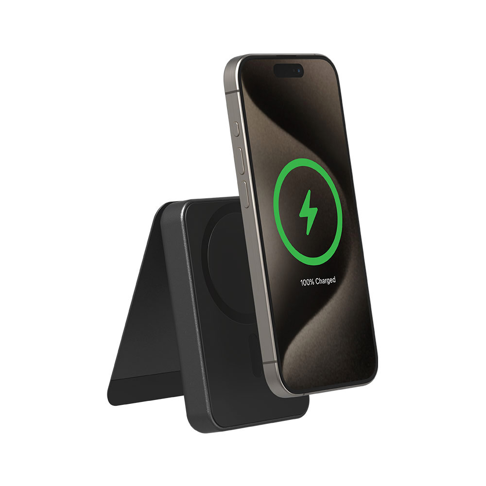 Picture of Mophie Snap+ Magnetic Charge Wireless Powerbank Powerstation Mini with Stand 5000mah 15W Max Fast Charge Qi 2 with USB C Input Output (Black)