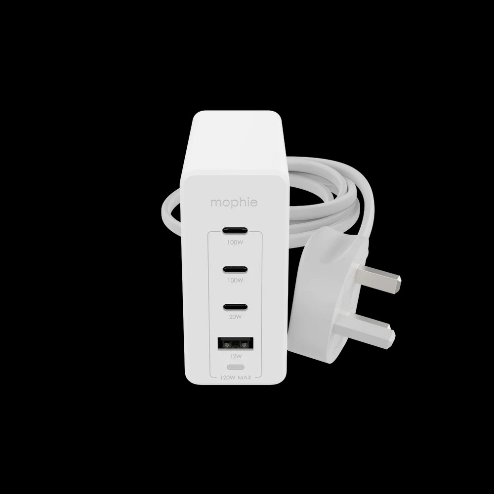 Picture of Mophie120W Speed Port GaN 3 USB C 1 USB A Laptop Macbook Air Macbook Pro Smartphone Charger Station UK Plug (White)