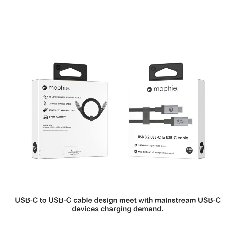 Picture of Mophie 240W 10Gbps Data Sync Durable Braided Outer Cabe USB 3.2 USB-C to USB-C Cable 150cm