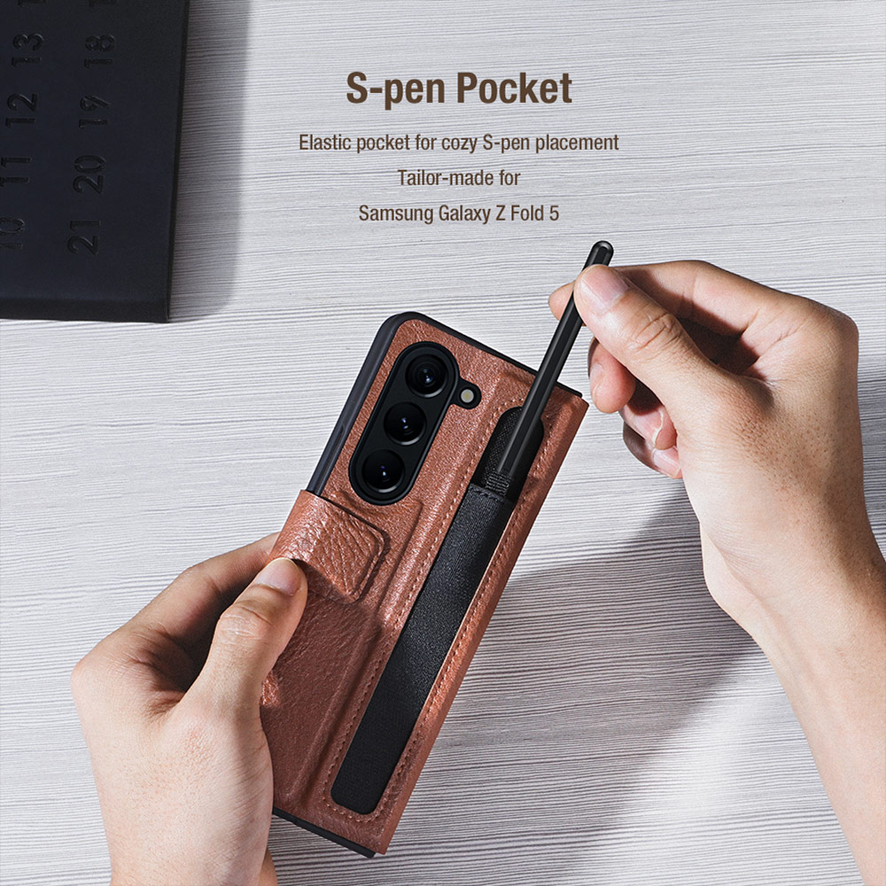 Picture of Samsung Galaxy Z Fold 5 Case | NILLKIN Aoge Leather Case Standable Case with S Pen Holder for Galaxy Z Fold 5 (Brown)