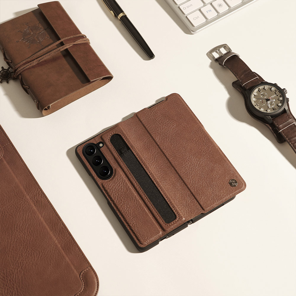 Picture of Samsung Galaxy Z Fold 5 Case | NILLKIN Aoge Leather Case Standable Case with S Pen Holder for Galaxy Z Fold 5 (Brown)