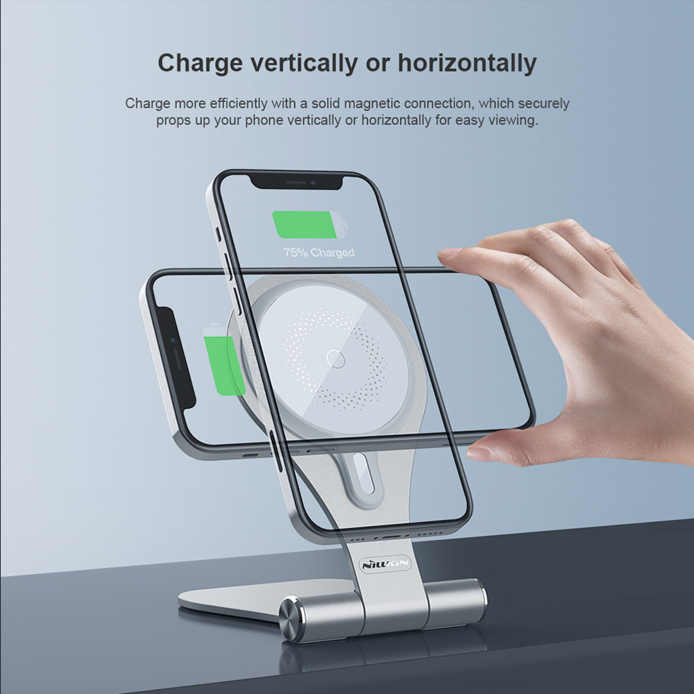 Picture of Nillkin MagStand Wireless Charging Foldable Stand with Heat Dissipation Cooling for Magsafe Compatible for iPhone 12 iPhone 13 Pro Max (Silver)