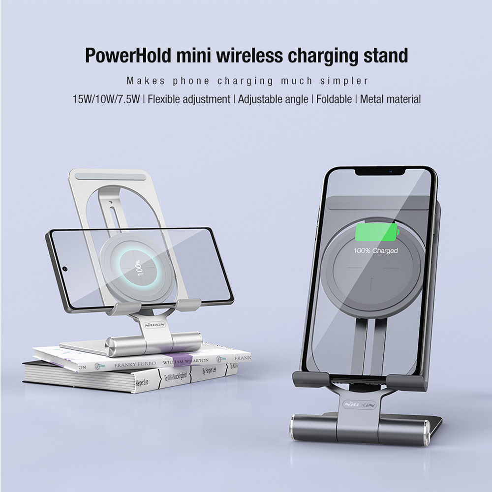 Picture of Nillkin PowerHold 2 in 1 Portable Foldable Travel Mini Wireless Charging Stand 10W Max Heat Dissipation Wireless Charging Wireless Charger for Apple Samsung iPhone 12 Pro Max iPhone 11 Pro Max (Silver)