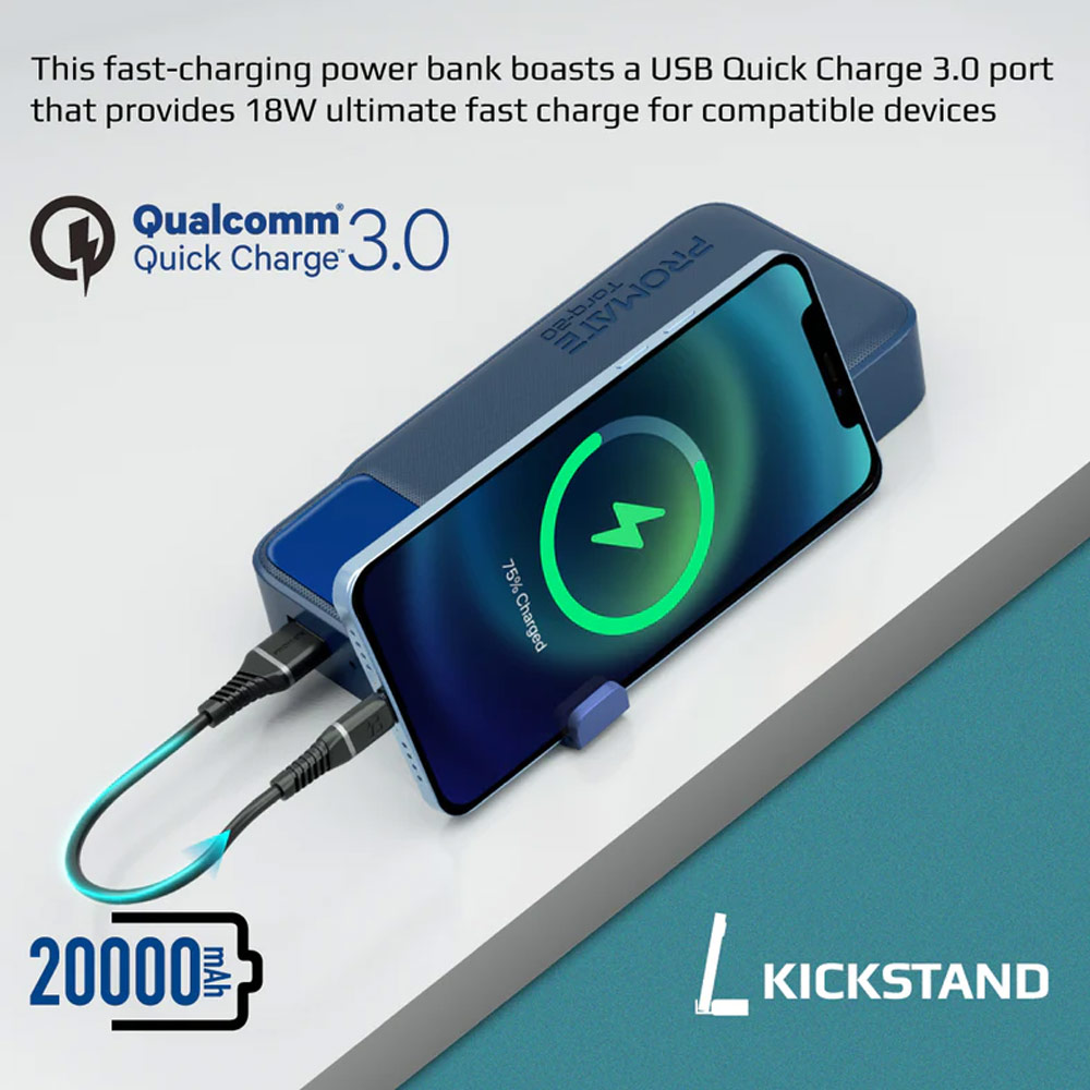 Picture of Promate 20000mAh Power Bank Powerbank 20W Power Delvey USB-C 18W QC3 USB-A  with Kickstand Torq-20 (Blue)