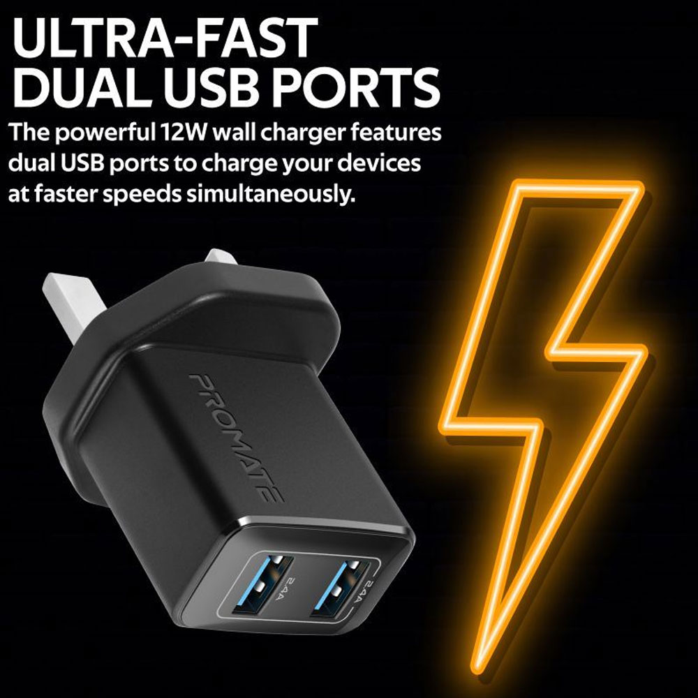 Picture of Promate 12W Dual Port Charger 2.4A Fast Charge USB-A Port Compact Design Charger (Black)