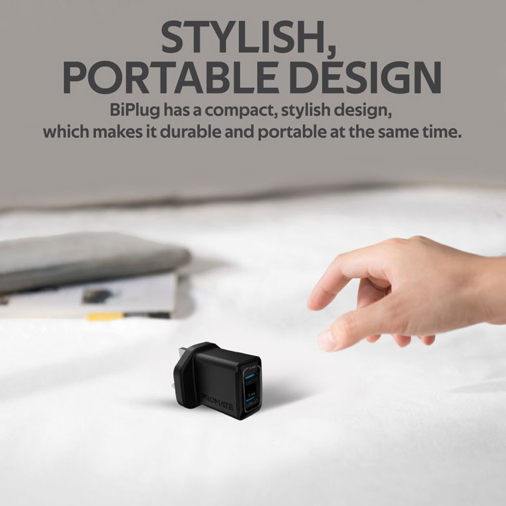 Picture of Promate 12W Dual Port Charger 2.4A Fast Charge USB-A Port Compact Design Charger (Black)