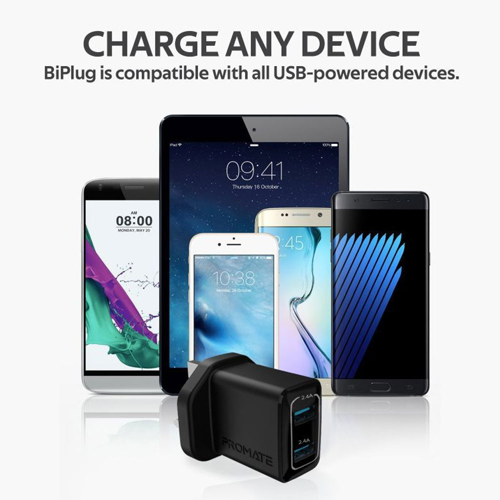 Picture of Promate 12W Dual Port Charger 2.4A Fast Charge USB-A Port Compact Design Charger (Black)