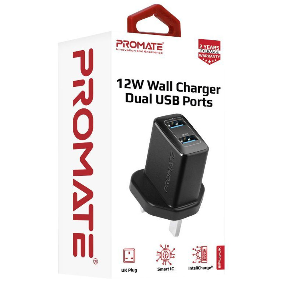 Picture of Promate 12W Dual Port Charger 2.4A Fast Charge USB-A Port Compact Design Charger (Black)