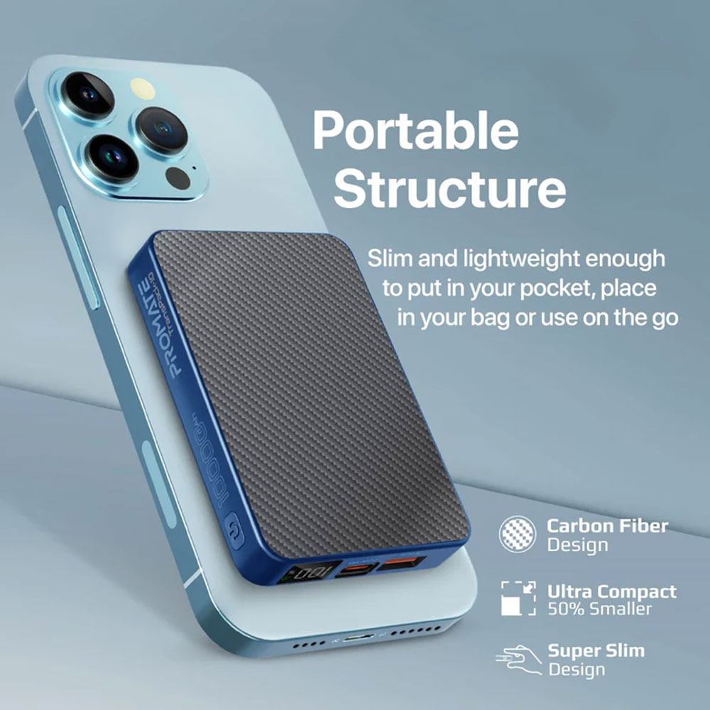 Picture of Promate 10000mAh Magsafe Magnetic Wireless Transparent Carbon Fiber Design Power Bank Powerbank 15W Wireless 20W Power Delivery USB-C TransPack-10 (Blue)