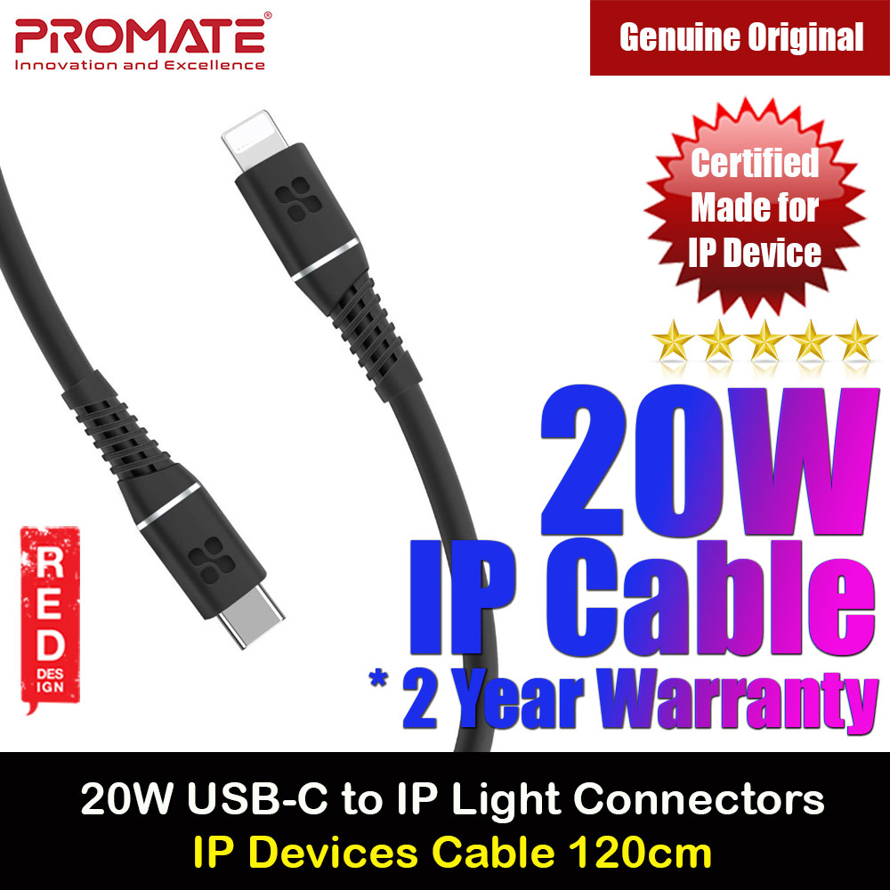 Picture of Promate Ultra Fast USB C to Lightning 20W Fast Charging Soft Silicone cable for iPhone 13 Pro Max IPad Airpods Pro PowerLine-Ci120 (Black) Red Design- Red Design Cases, Red Design Covers, iPad Cases and a wide selection of Red Design Accessories in Malaysia, Sabah, Sarawak and Singapore 