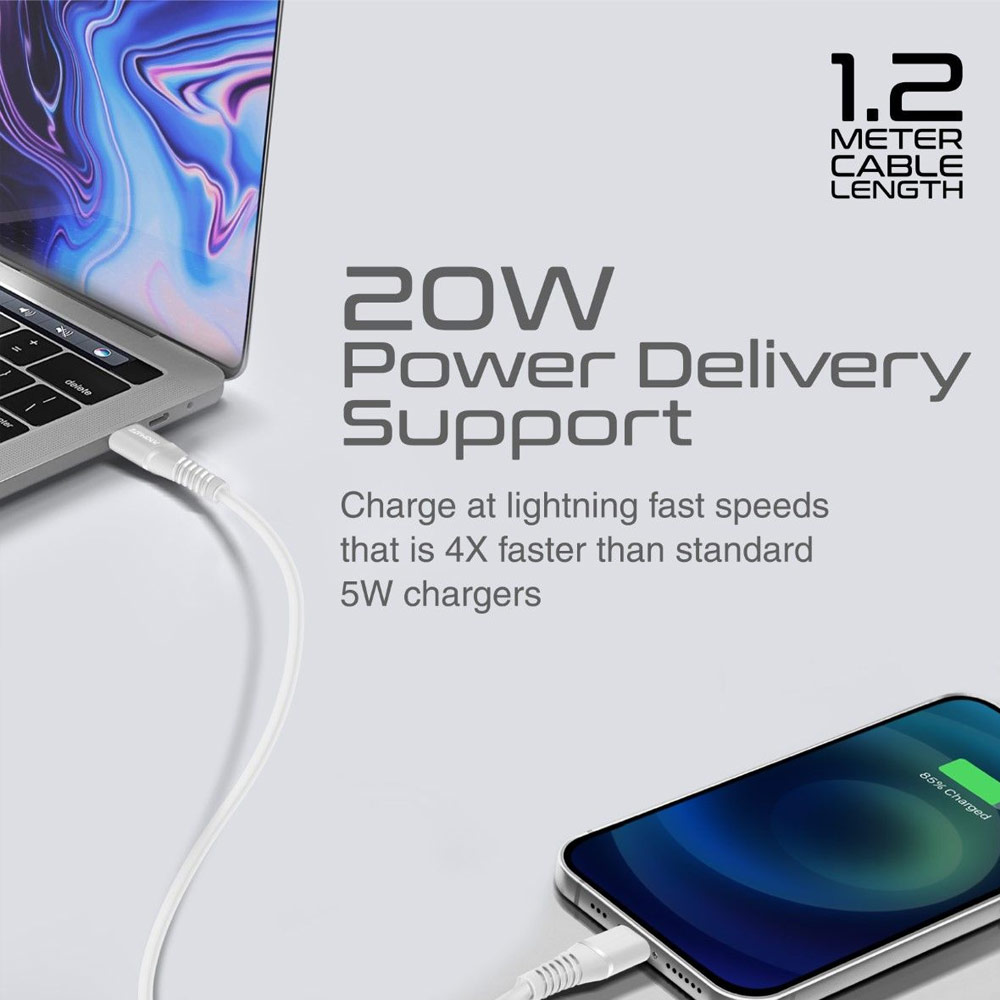 Picture of Promate Ultra Fast USB C to Lightning 20W Fast Charging Soft Silicone cable for iPhone 13 Pro Max IPad Airpods Pro PowerLine-Ci120 (White)