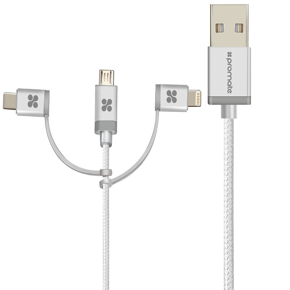 Picture of Promate 3 in 1 USB-C Type C Micro USB Lightning Multipurpose Cable Data and Charge Cable UniLink-Trio (Silver)