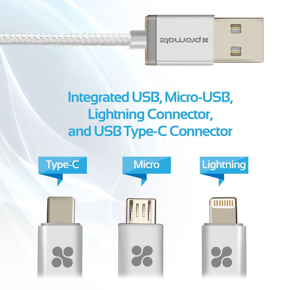 Picture of Promate 3 in 1 USB-C Type C Micro USB Lightning Multipurpose Cable Data and Charge Cable UniLink-Trio (Silver)