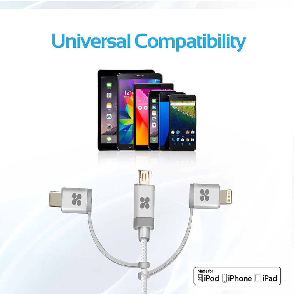 Picture of Promate 3 in 1 USB-C Type C Micro USB Lightning Multipurpose Cable Data and Charge Cable UniLink-Trio (Silver)