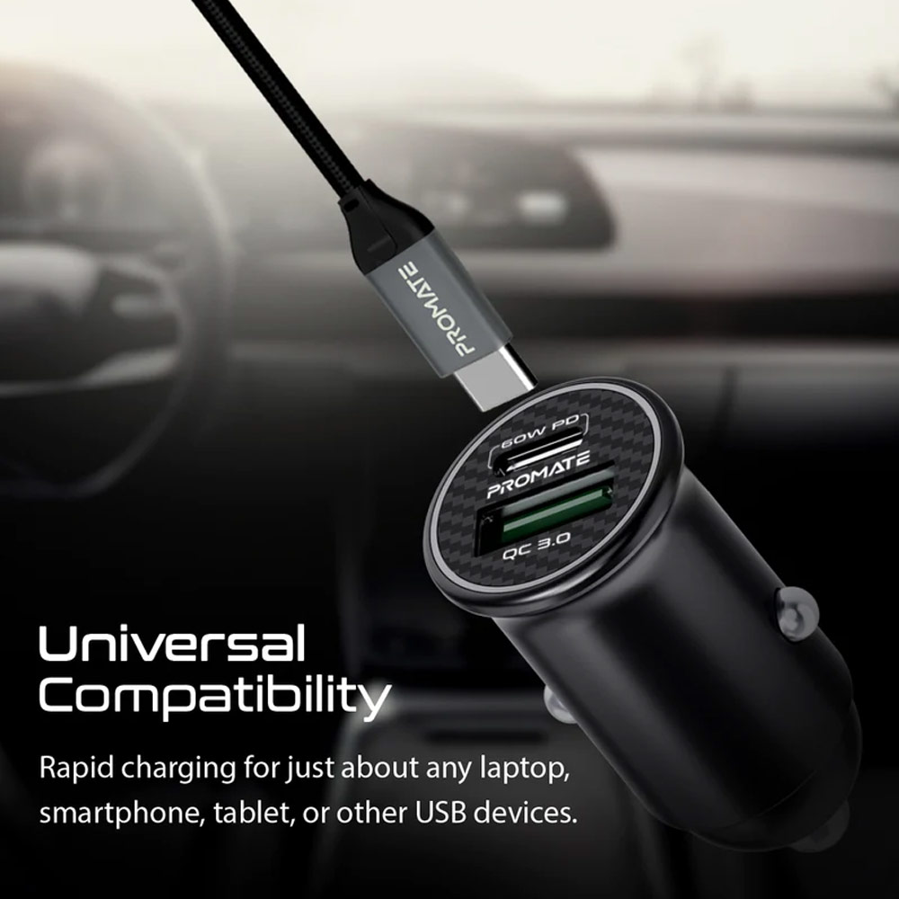 Picture of Promate 60W USB-C™ Car Charger Super-Fast Type-C™ Power Delivery Car Charger with 18W Quick Charge 3.0 USB A Aluminum Alloy and Over Charging Protection for MacBook Laptops iPhone Bullet-PD60