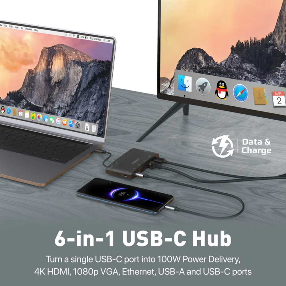 Picture of Promate 6-in-1 Type-C™ USB-C™ Hub Sync Charge Adapter with 4K HDMI 1080p VGA 1000Mbps LAN 100W USB-C™ Power Delivery 5Gbps USB 3.0 and USB-C™ Ports for MacBook Pro iPad Air Galaxy S23 MediaHub-C6